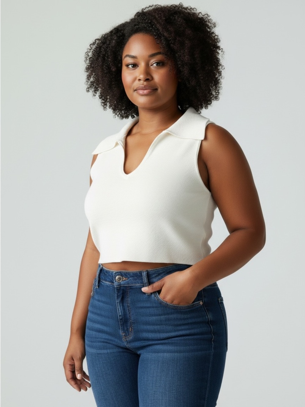 WeWoreWhat Light Sweater Material V-Neck Halter Too with/ Collar, XL